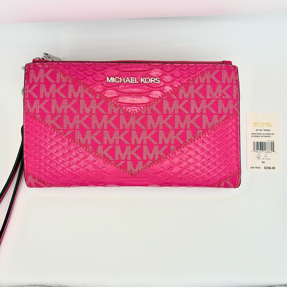 Michael Kors Large Double Zip Wristlet MK Logo Wallet Electric Pink NWT